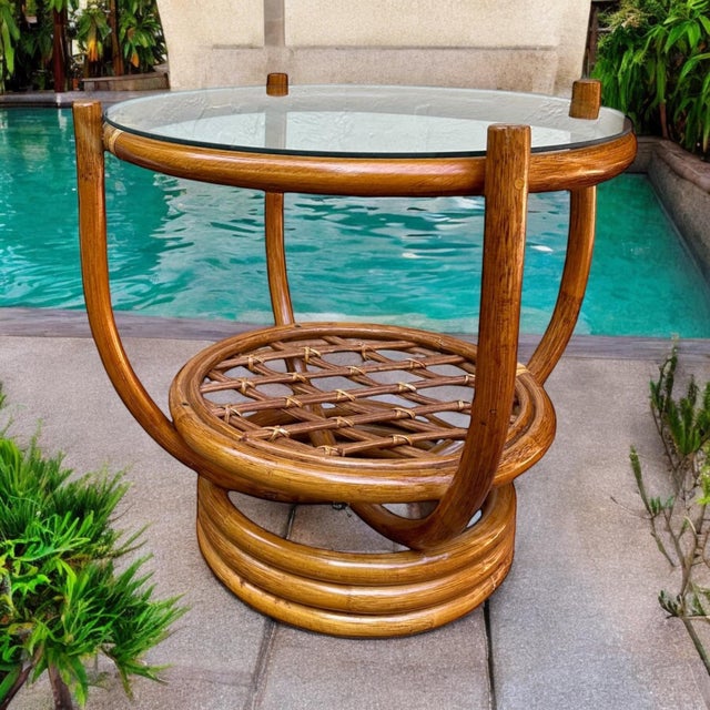 Brown Bent Bamboo Cane Round Side Table With Glass Top For Sale - Image 8 of 12