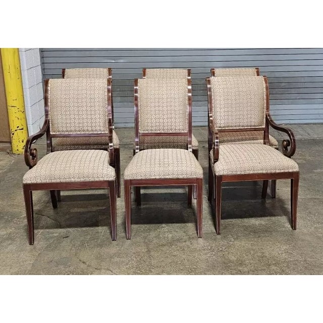 Store Item: Set of 6 KINDEL Mahogany with Inlays Scroll Back Dinning Chairs Description: Set includes 2 arm chairs and...