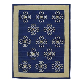 9x12 Handcrafted Exquisite Blue Floral Modern Flatweave Wool Carpet Rug For Sale