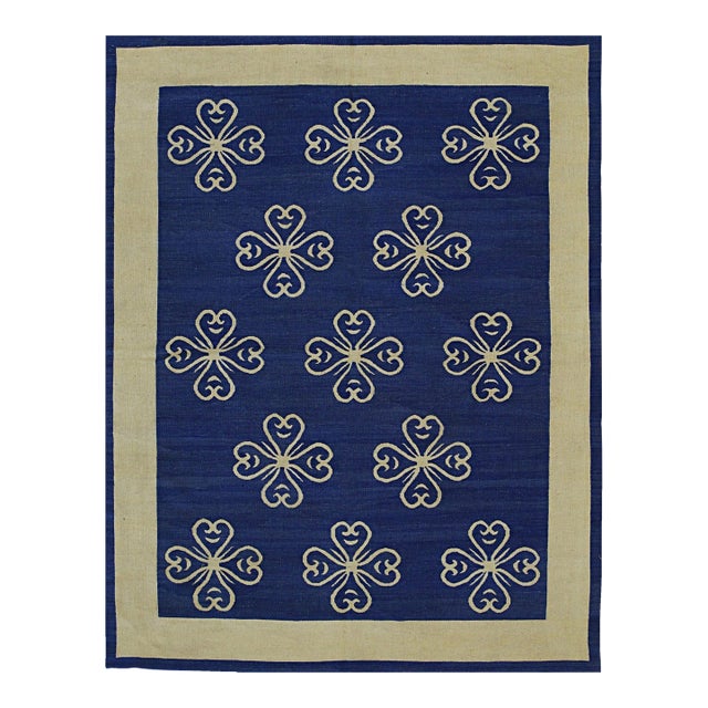 9x12 Handcrafted Exquisite Blue Floral Modern Flatweave Wool Carpet Rug For Sale