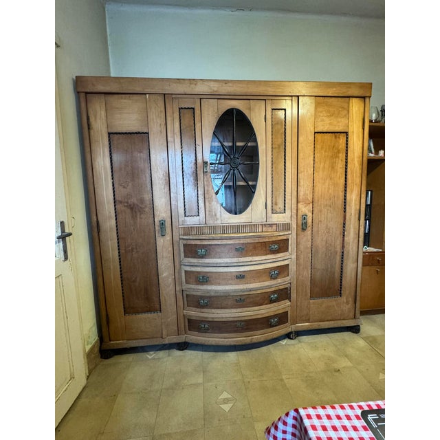 Wood Art Deco Wooden Cabinet with Oval Glass Window and Drawers, 1930s For Sale - Image 7 of 7