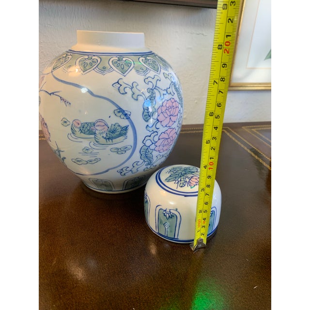 Ceramic Vintage Asian Blue & White Ginger Jar With Floral & Bird Motif For Sale - Image 7 of 8
