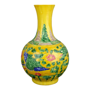 Chinese Vintage Ceramic Vase,Ming Dynasty Yongle Marked Yellow Ground Famille Verte Porcelain Vase With Dragon Phoenix Relief