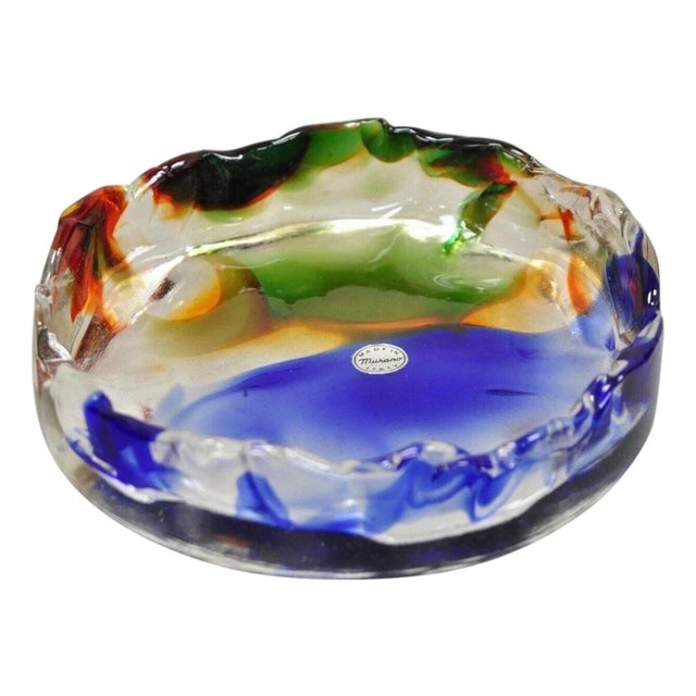 Vintage Mid Century Modern Italian Murano Blue Green Art Glass Ashtray Catchall For Sale