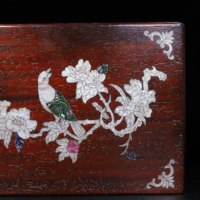 Late 20th Century Wooden Lidded Box With Mother-of-Pearl Bird and Floral Inlay For Sale - Image 9 of 10