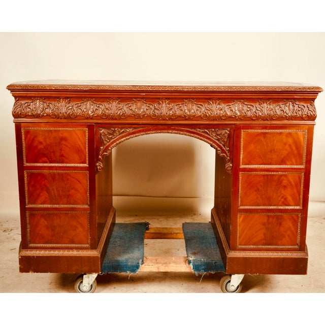 Wood Mid 20th Century Carved Double Pedestal Executive Desk / Traditional Neoclassical Writing Desk With Acanthus Detail For Sale - Image 7 of 7