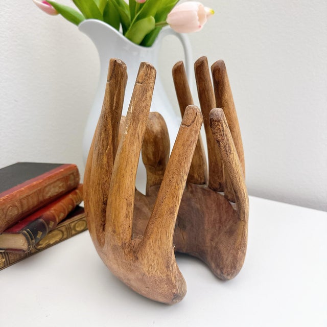 1960s Rare Vintage Hand Carved Wooden Hands Bowl / Art Sculpture / Primitive Wood Centerpiece For Sale - Image 5 of 8