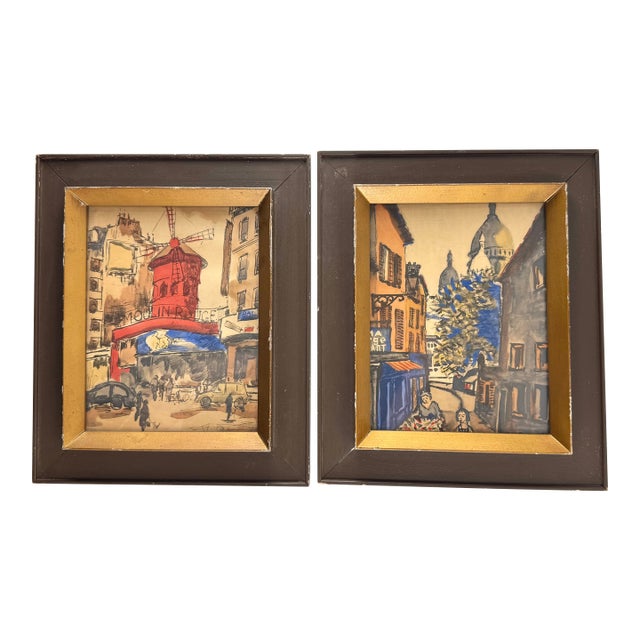 Mid Century Paris Street Scene Watercolor, a Pair For Sale