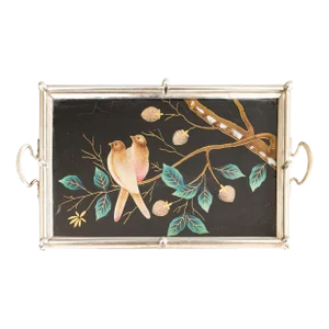 Vintage Silver Plate & Mother of Pearl Birds Serving Tray