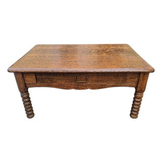 Early 1900's Antique Tiger Oak Wood Coffee Table With Bobbin Legs For Sale