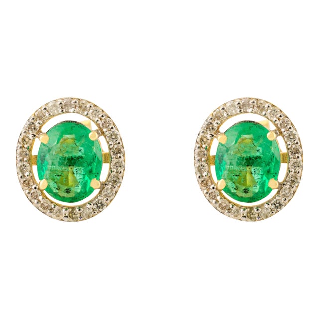 Art Deco Vibrant Green Emerald Halo Diamond Stud Earrings for Mom in 14k Gold- A Pair For Sale - Image 3 of 9