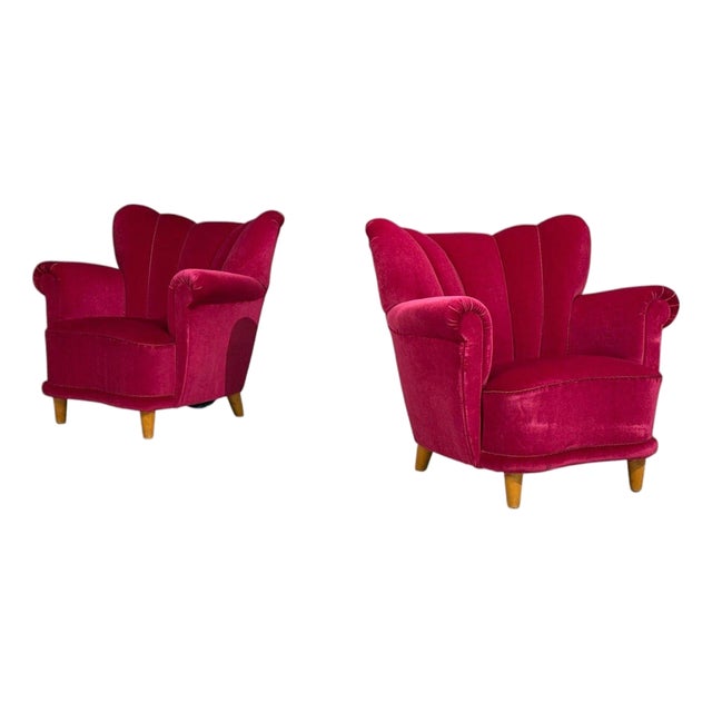 Swedish Cabinetmaker, Lounge Chairs, Red Velvet, Lacquered Wood, Sweden, 1940s For Sale