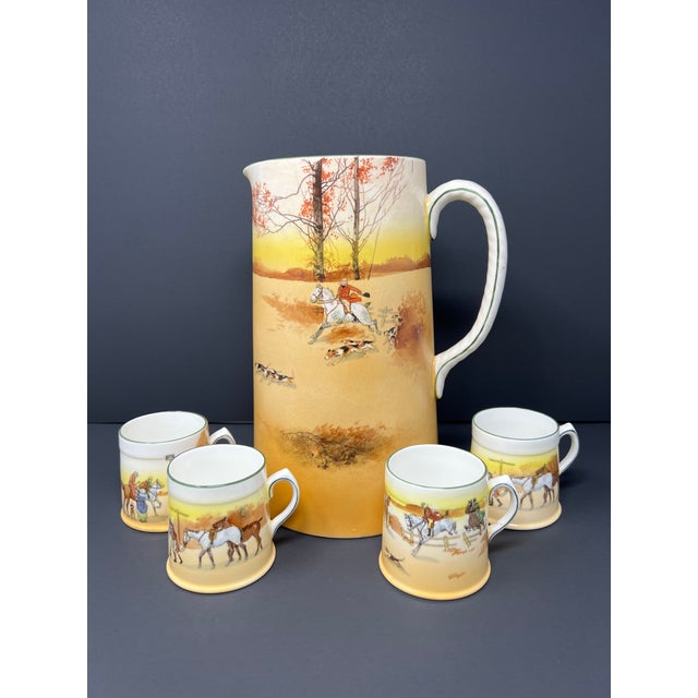 Antique Royal Doulton Coaching Days, Hunting scene chocolate pot with four cups. Beautifully hand painted soft matte...