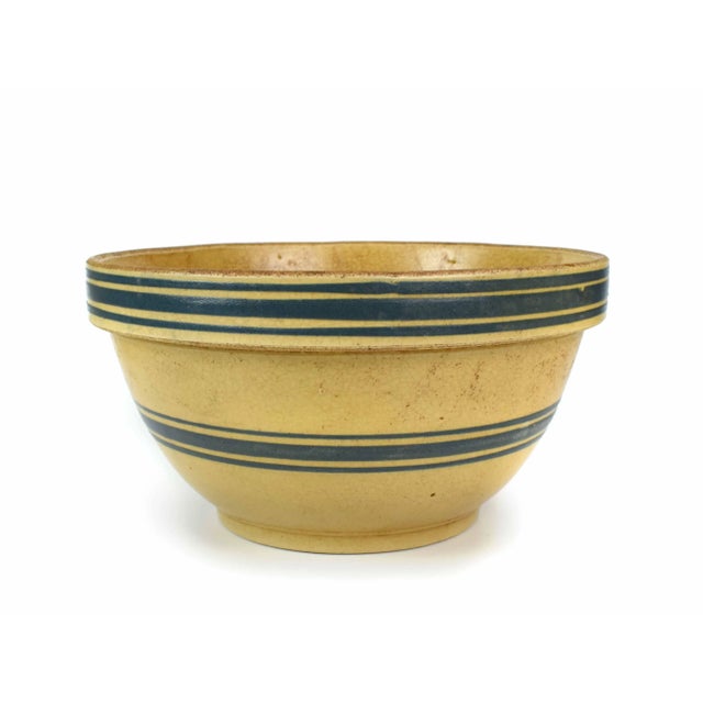 Antique 1900's Large American Stoneware Mixing Bowl With Blue Bands For Sale - Image 4 of 11