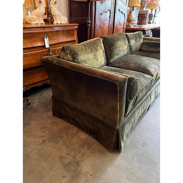 Mid 20th Century Vintage Moss Green Velvet Skirted 3-Seat Sofa For Sale - Image 5 of 7