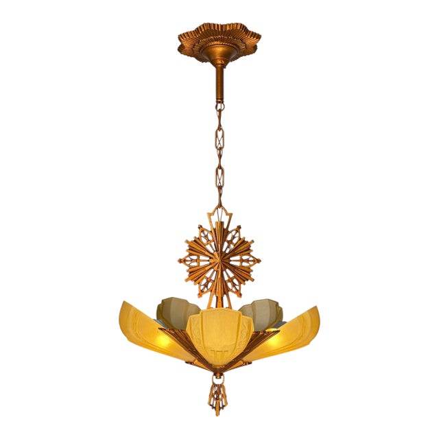 1930s Art Deco “Rayburn” 5 Light Slip Shade Chandelier For Sale