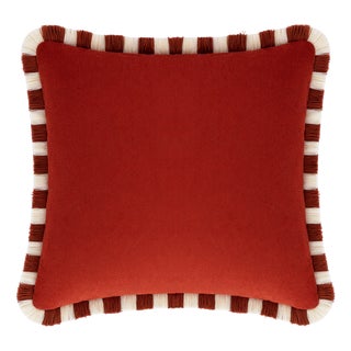 Bicolor Brick Velvet Cushion with Brick and White Fringes by Lo Decor For Sale