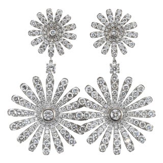 18k White Gold 13.00ctw Round Cut Diamond Sunburst Double Eschle Dangle Earrings, Pair For Sale
