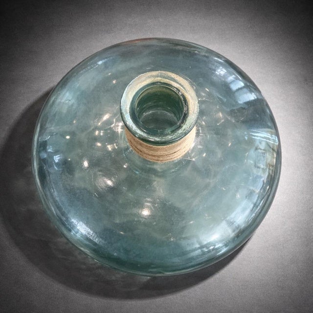 Large Aqua Glass Demijohn Vessel With Twine-Wrapped Neck – 17” Mediterranean Coastal Bottle For Sale - Image 4 of 9