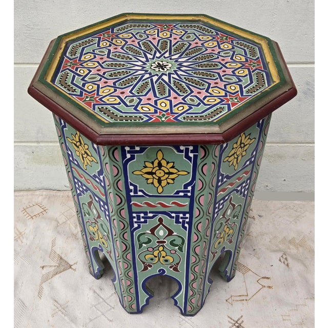 Moroccan Hexagonal Hand Painted Wooden Side Table / Celadon Zouak For Sale In Orlando - Image 6 of 6