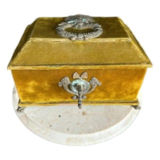 Antique Victorian Jewelry Box “Boudoir” or Sewing Box in Mustard/ Golden/ Green Velvet, Inside Blue Silk From the Early 20th Century For Sale