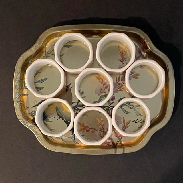 Metal Vintage Japanese Pink and White Ceramic Napkin Rings With English Tin Tray - Set of 9 For Sale - Image 7 of 10