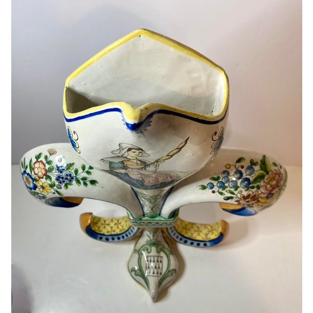 Antique Large Pair of French Hb Quimper Fleur De Lys Vases For Sale In Dallas - Image 6 of 18