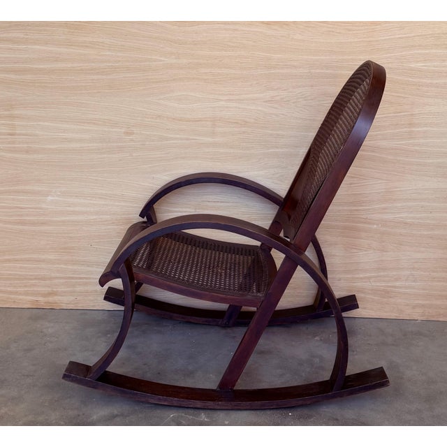 Art Nouveau Mid 20th Century Pair of Bentwood Rocking Chairs with Cane Seat and Back For Sale - Image 3 of 18
