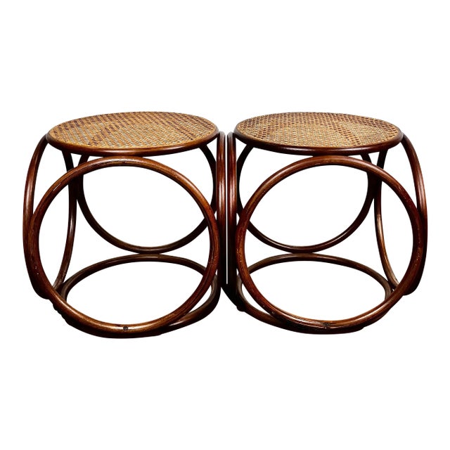Vintage Thonet Style Bent Wood Cane Side Table Ottomans- A Pair For Sale
