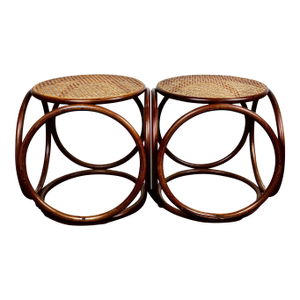 Vintage Thonet Style Bent Wood Cane Side Table Ottomans- A Pair