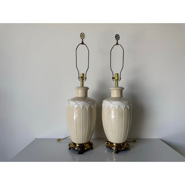 1980s Vintage Beige Ceramic Table Lamps on Brass Finish Bases – A Pair For Sale - Image 10 of 12