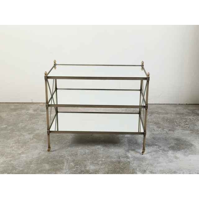 Metal Italian Midcentury Patinated Metal Trolley with Mirrored Shelves and Casters For Sale - Image 7 of 10