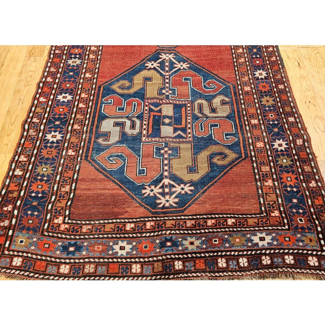 Antique Cloudband Kazak Area Rug, Hand-Knotted Wool, Geometric Design, Red & Blue, 5' x 8' For Sale - Image 10 of 15
