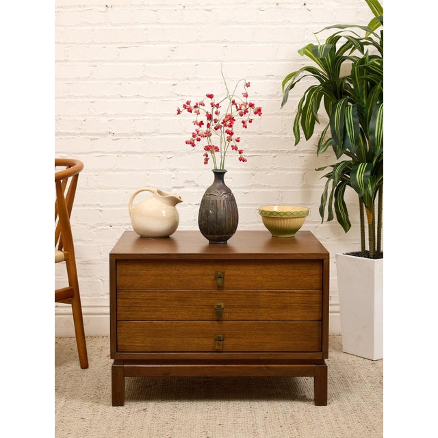 Wood Vintage Walnut Three-Drawer Nightstand With Brass Campaign Hardware For Sale - Image 7 of 12