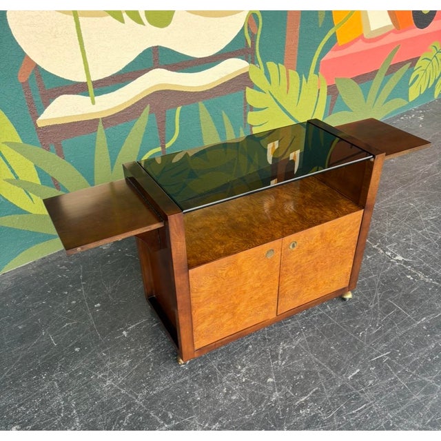 Mid-Century Modern Century Burl & Smoked Glass Rolling Bar For Sale - Image 3 of 14