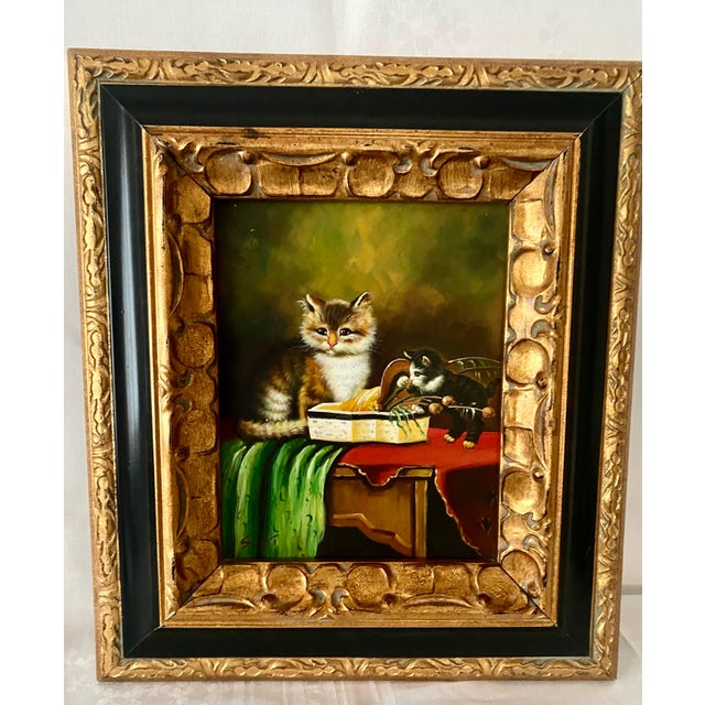 Wood Mid 20th Century Oil on Board Painting of Playful Kittens - Signed 'Scott' (After Jules Leroy) in Ornate Gold Toned With Black Accent Frame. For Sale - Image 7 of 18