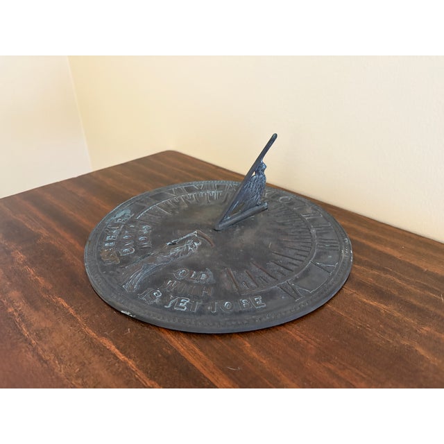 Virginia Metalcrafters Vintage English Country Iron Verdigris Garden Sundial "Grow Old Along With Me" For Sale - Image 4 of 9