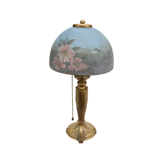 Metal Handel Floral Reverse Painted Chipped Ice Shade & Gilt Metal Base C1910 For Sale - Image 7 of 13
