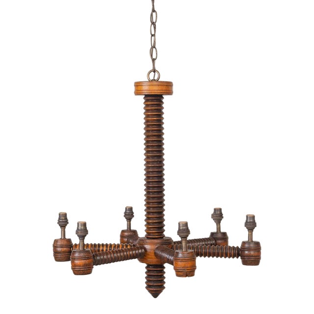 1940s Charles Dudouyt French Carved Wood Chandelier For Sale