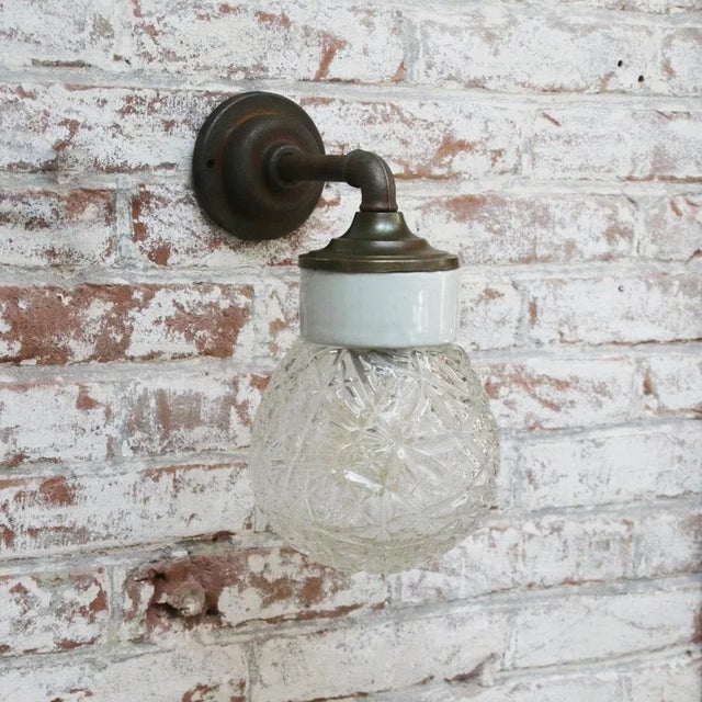 Vintage Industrial Clear Glass, Brass & White Porcelain Wall Lamp For Sale - Image 9 of 10