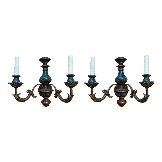 Mid-Century Italian Carved Giltwood Blue Painted Sconces W/ French Styling - Pair For Sale