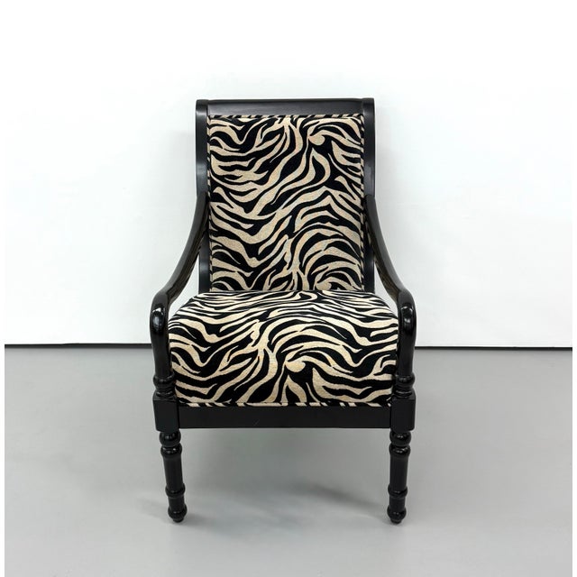 Hollywood Regency Vintage Zebra Upholstered Ebonized Armchair For Sale - Image 3 of 7