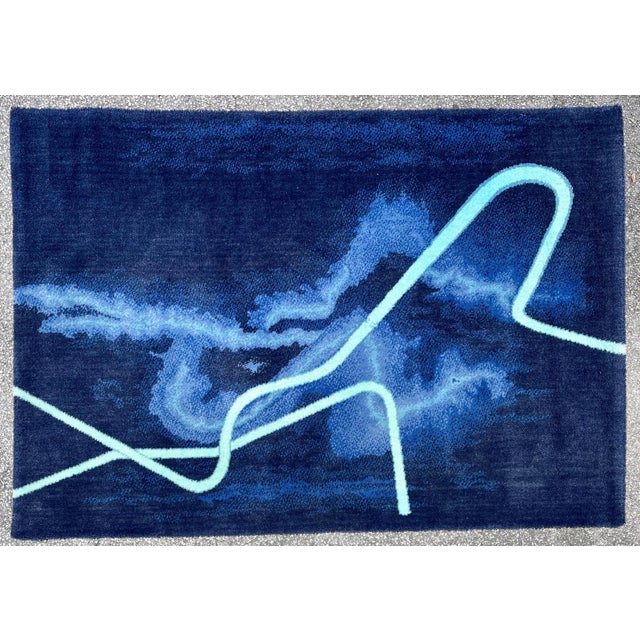 Gun Gordillo, Scandinavian Abstract Wool Tapestry Rug Gun Gordillo Neon Electric Blue Color, c.1985 For Sale - Image 4 of 9