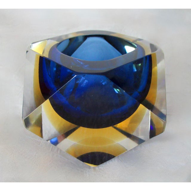 Mid-Century Modern C.1970s Italian Alessandro Mandruzzato, Hand Blown Faceted Murano Cobalt, Amber & Clear For Sale - Image 3 of 18
