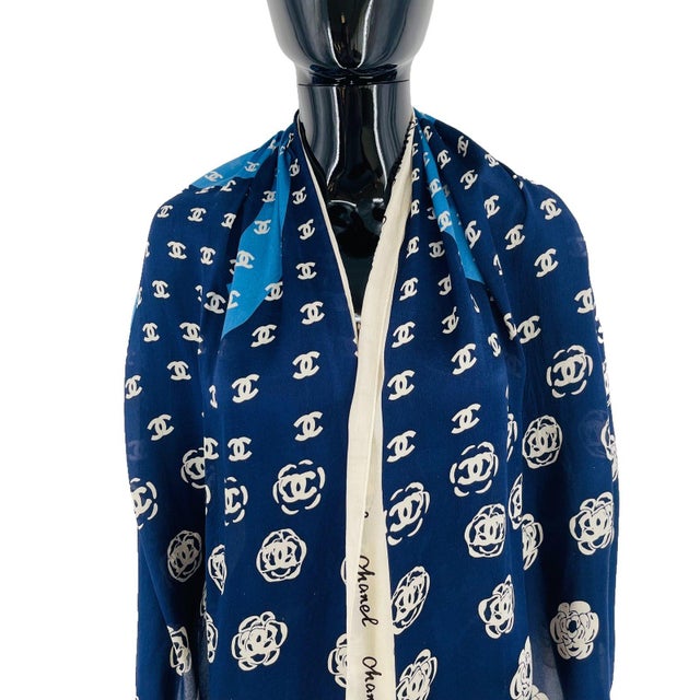 Textile Chanel Navy Blue Monogram 100% Silk Scarf For Sale - Image 7 of 10