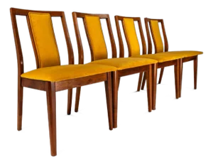 Set of Four 4 Mid-Century Modern Dining Chairs in Walnut & Yellow Felt in the Manner of Edward Wormley, Usa, C. 1960s