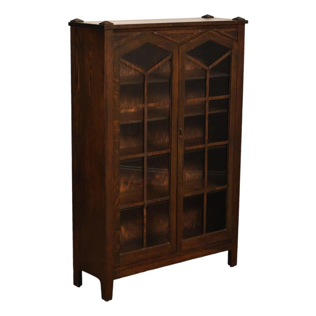 Antique Mission Oak Arts And Crafts Two Door Bookcase For Sale