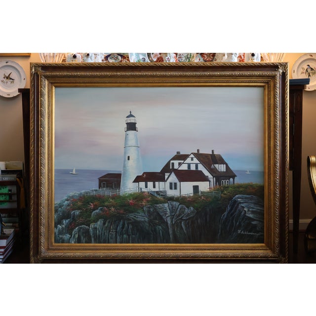 Large Vintage R. Ashburton Portland Head Light Oil Painting—59″ For Sale - Image 12 of 18