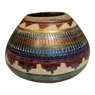 Navajo Art Pottery Horsehair Ceramic Etched Bowl by Jj Navajo New Mexico For Sale
