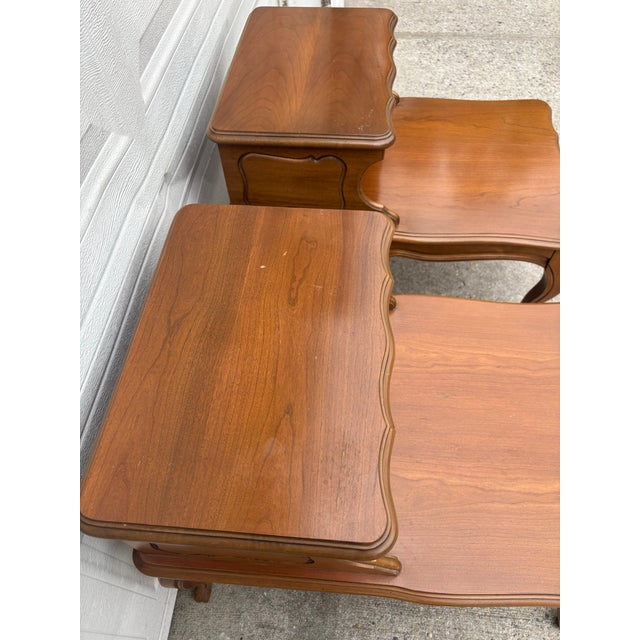 Wood Matching Vintage French Provincial Step Tables, Mid Century Two Tier End Tables With Cabriole Legs, Maple Wood Nightstands, Matching Tables For Sale - Image 7 of 11